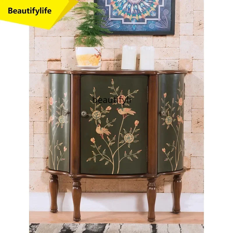 

Q181 American retro entrance painted cabinet European solid wood living room semicircular edge cabinet length 76 30 77.5cm