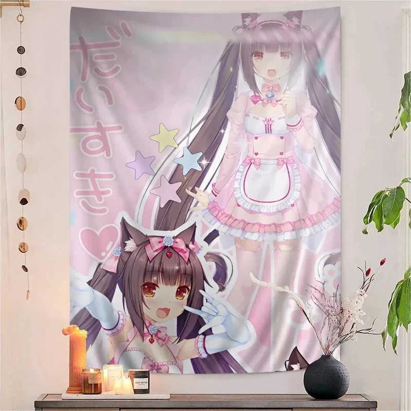 VIKAMA Nekopara Wandteppich Anime Catgirl Wandbehang Kawaii Ästhetische Dekoration Manga Kunst Schlafzimmer Studentenwohnheim Wandbanner Stoff