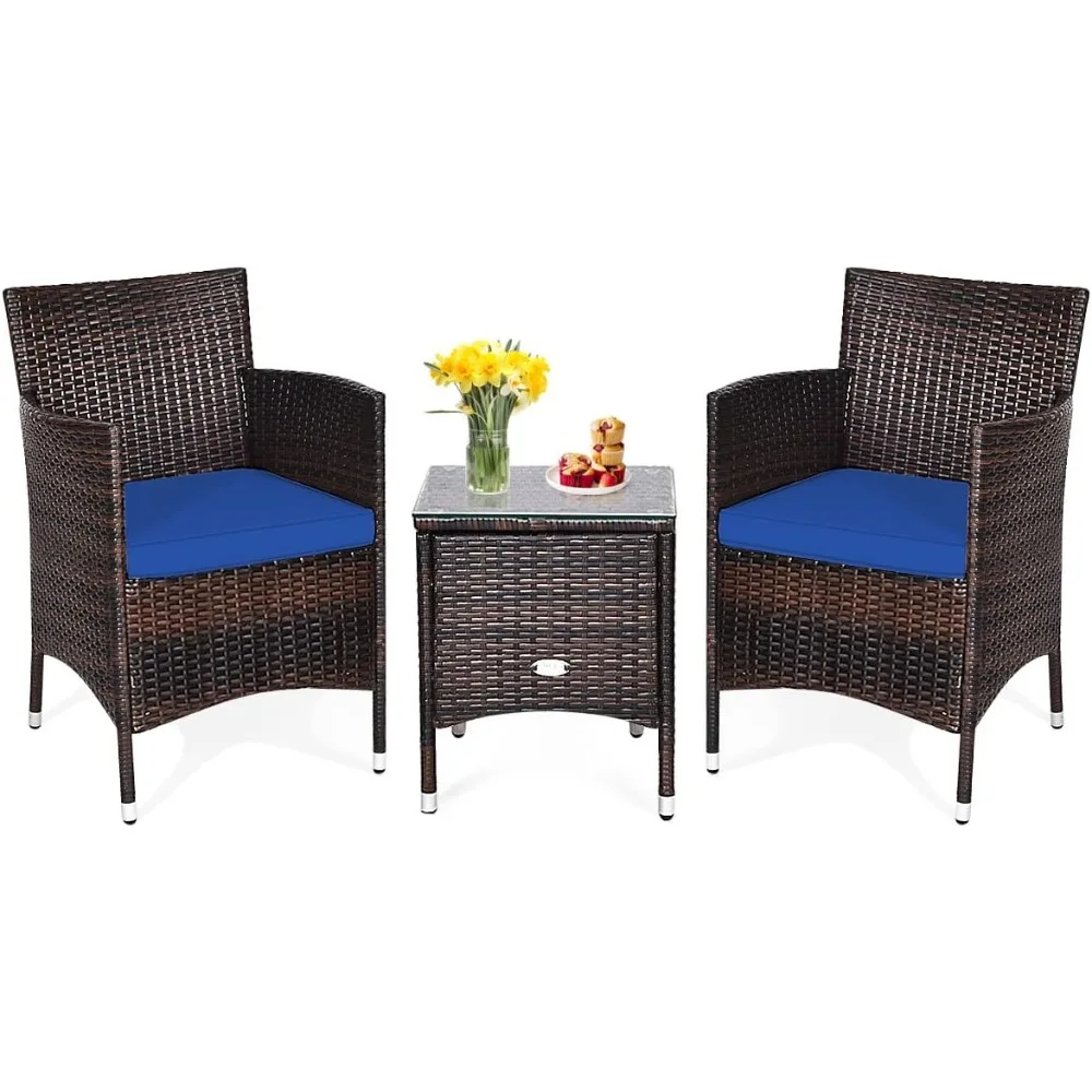 

3 Piece Patio Furniture, Outdoor Wicker Conversation Set w/Glass Top Coffee Table, Thick Cushions, Rattan Bistro Set for Patio,
