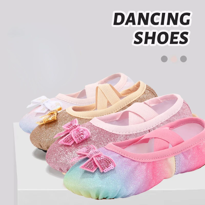 Children's Dance Shoes Girls Ballet Flats Shoes Rainbow Bow Sequins Leather Soft Soled Dance Performance Skate Sport Yoga Shoes