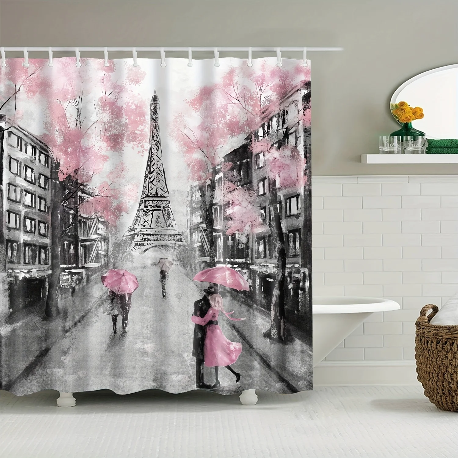 1pc Romantic Pink Paris  Shower Curtain - Waterproof and Durable Fabric with Vibrant Oil Painting European Landscape Design - El