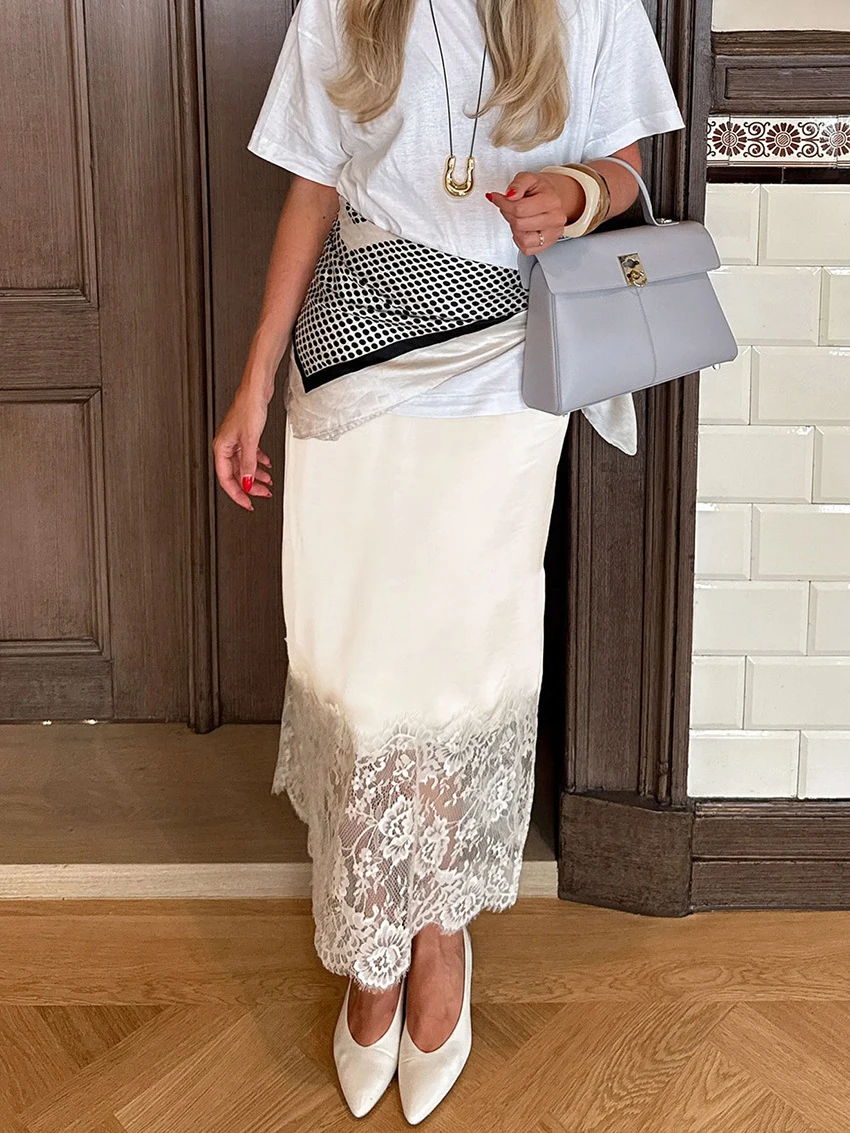 Parc Fee Fashion Loose Beige Women's Skirt 2026 Casual High Waist Ankle Length Skirt Elegant Lace Spliced Skirt Female Clothing