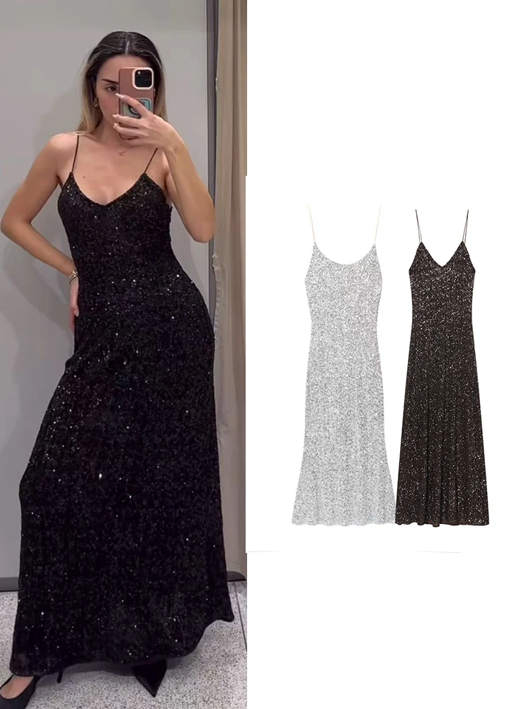 TFMLN 여성 여름 스팽글 드레스 섹시한 반짝이 스파게티 스트랩 민소매 백리스 슬링 드레스 우아한 이브닝 파티 드레스