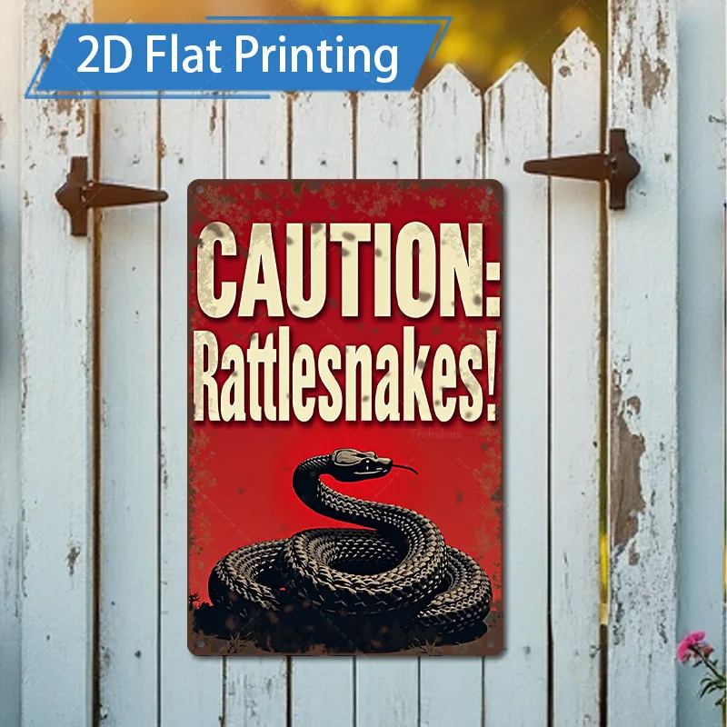 [2D FLAT] 1 قطعة علامة معدنية، 8 × 12 بوصة علامة تحذير أفعى الجرسية ديكور جدران فني معدني عتيق
