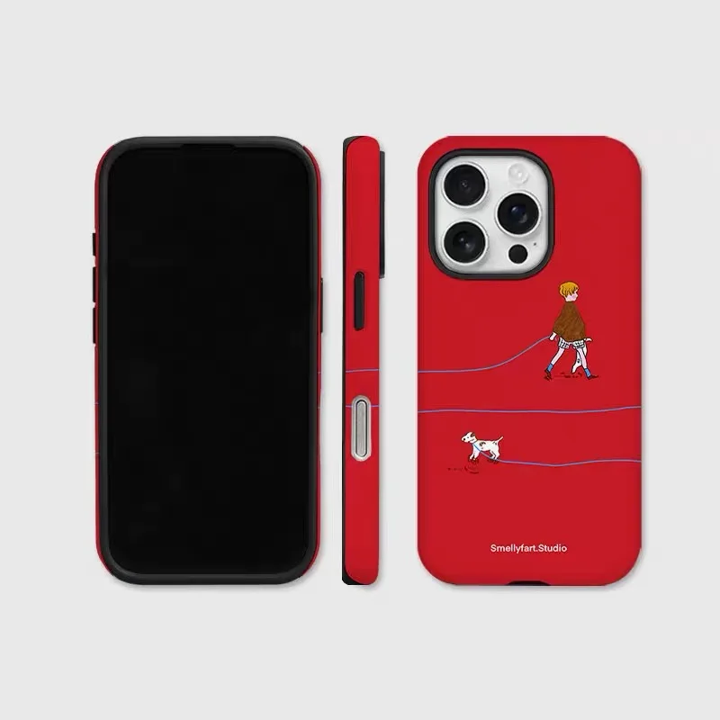 

Red Dog Walking Girl Cartoon Phone Case for IPHONE 16 15 PROMAX 14 13 12 11 Acrylic TPU Two in One Magnetic Mobile Phone Cases