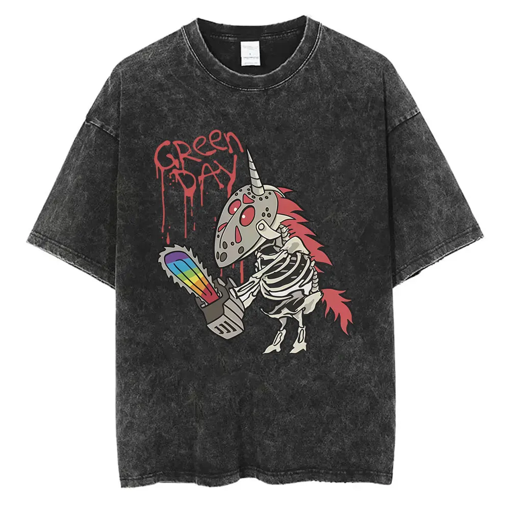 

Washed Vintage Punk Band Green Day Cartoon Funny Style T-shirt Men Women Rock Oversized Crewneck T Shirts Men's Cotton T-shirts