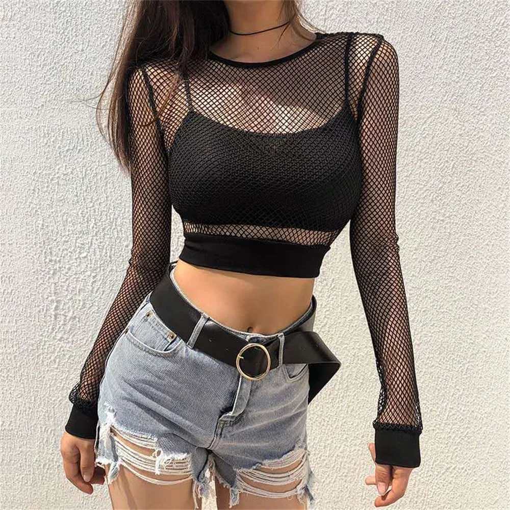 Sexy Black Hollow Out Mesh T-Shirt Women Skinny Crop Top New Korean Gothic Fashion Summer Basic Top Women American Fishnet Shirt