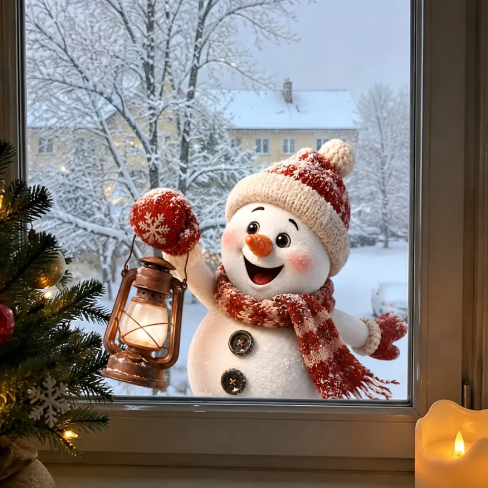 Christmas Snowman Window Clings Static Stickers With Lantern Xmas Glass Door Decals Winter Holiday Home Party Decorations