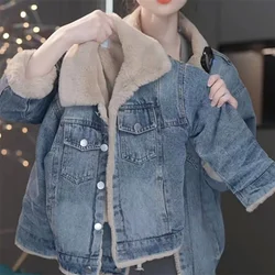 Girls Denim Jacket Boys Plus Velvet Thick Coats Children's Winter Warm Padded Loose Outerwear New Casual Turn-down Collar Parkas
