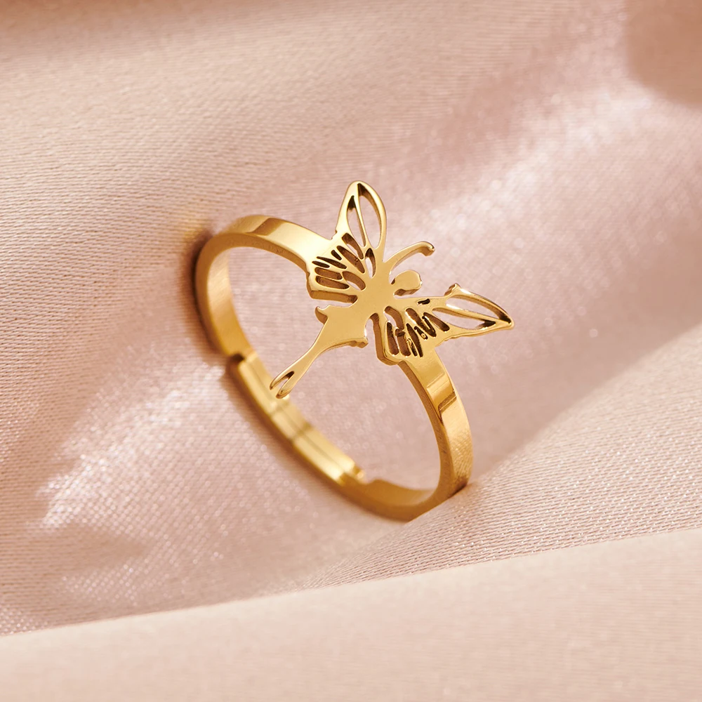 Lucky Angel Wings Women'S Stainless Steel Open Rings Girls Gift Ideas Gold Color Metal Adjustable Ring Jewelry Accessories