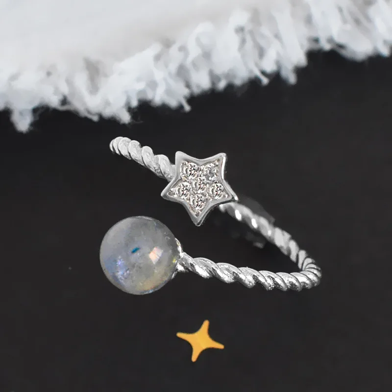 Distinctive Small Fresh Starry Moonstone Ring in S925 Sterling Silver for Women with Korean Style Long Stone Silver Ring Jewelry