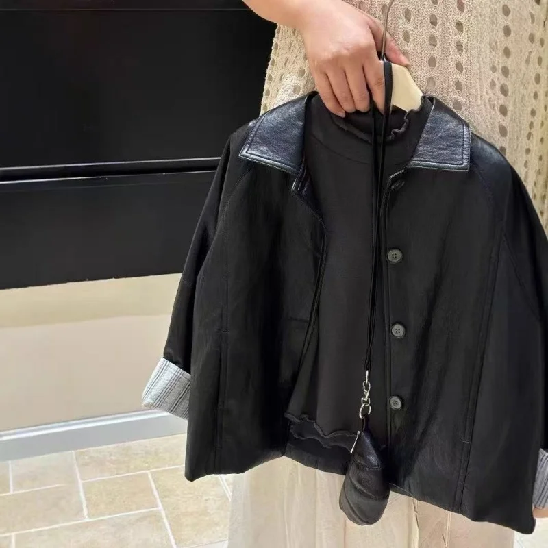 

Girls' Leather Jacket Spring Autumn New Style Children's Fashionable Simple Cuff Curled Edge Design Black PU Jacket