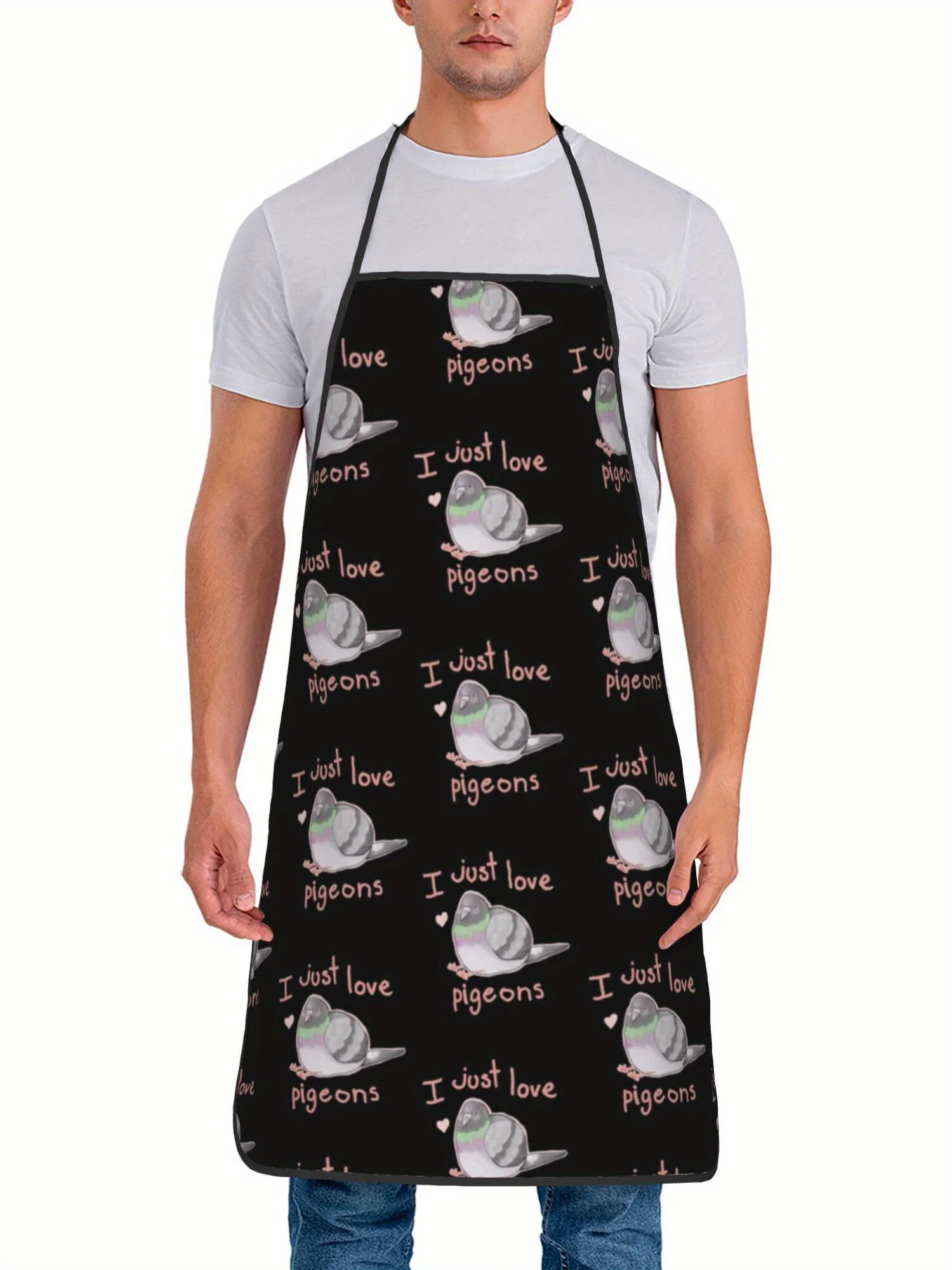 Cute Hand Drawn Pigeon And Love Text Repeat Pattern Stain Resistant Apron Home Grilling Baking Uniform Bird Fan Birthday Present