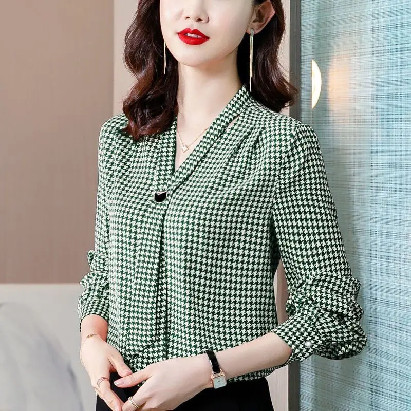 Houndstooth Print Elegant Chic Bow Tie Office Lady Shirts Spring Autumn Fashion V-neck Long Sleeve Loose Top Blouse Women Blusas