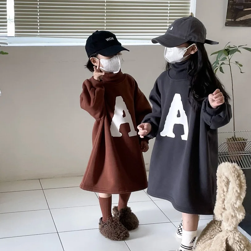 Autumn and Winter Girls Dress Baby Foreign Style Children Letter Thick Integrated Cashmere Princess Hoodie Dress Fashion