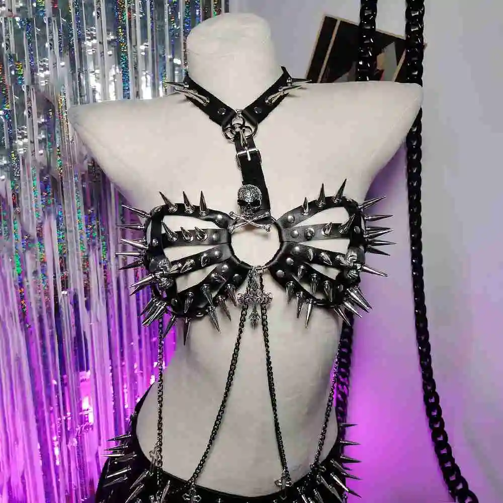 

E-Girls Emo Chain Festival Outfit Gothic Grunge Goth Punk Rock Cross Spike Studded Rivet Skull Harajuku Y2K Halter Camisole TOPS
