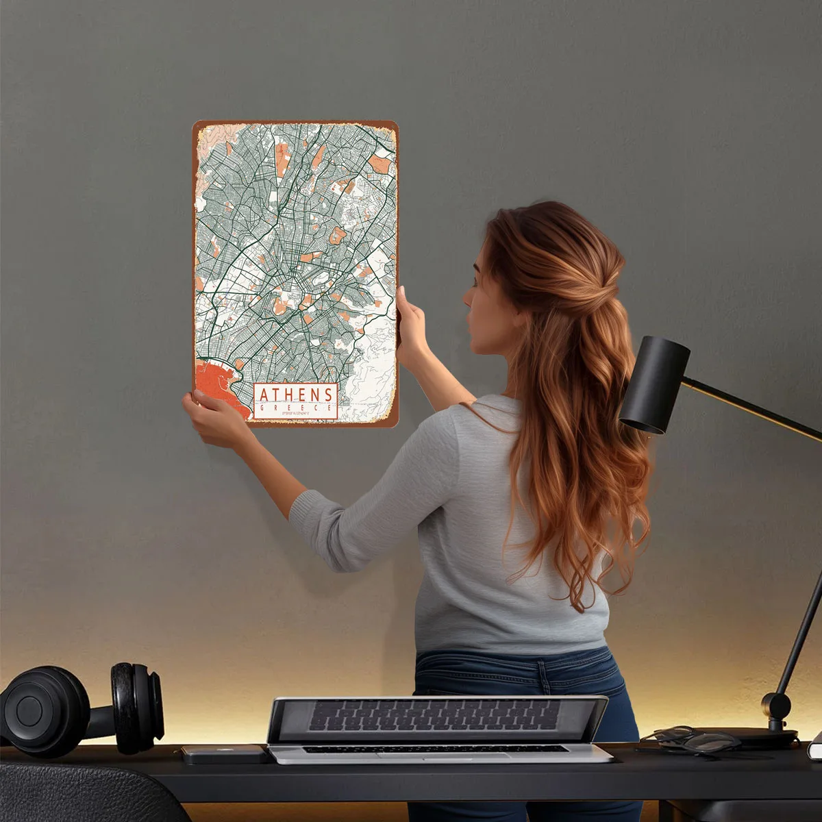 أثينا خريطة المدينة اليونان البوهيمي علامات معدنية خريطة ملصق زينة للمنزل عناصر الديكور غرفة نوم جدار الفن الجداريات