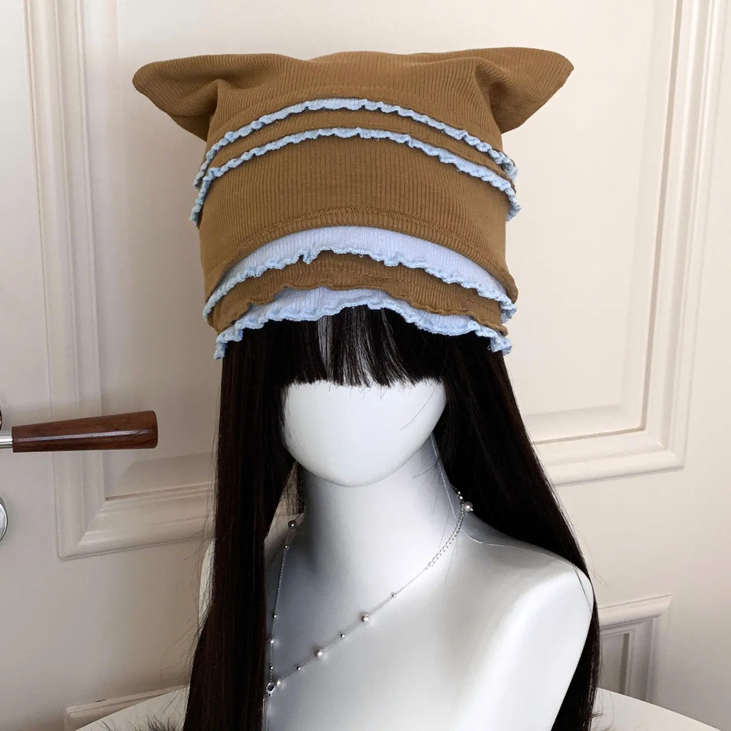New Multi Layer Wave Edge Sweet Cool Cat Ear Stacking Hat Soft Knitted Baotou Hat Y2K Street Trendy Wearing Hat Subculture ins