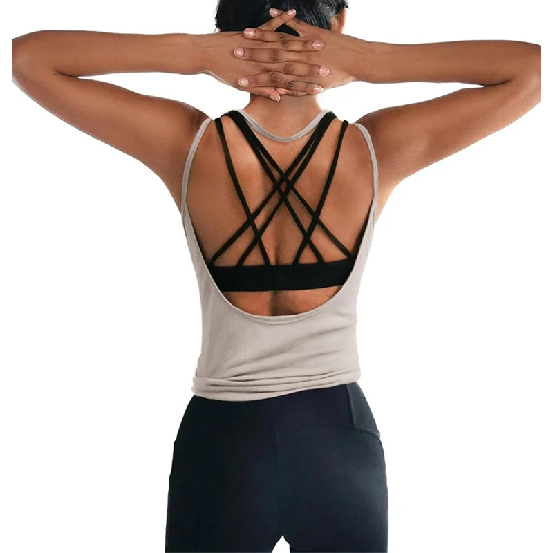 Aiithuug U Neck Low Back Curve Hem Yoga Tops Strapy Loose Vest Sleeveless Quick Drying Gym Sport Workout Pilates Cover-up Shirts