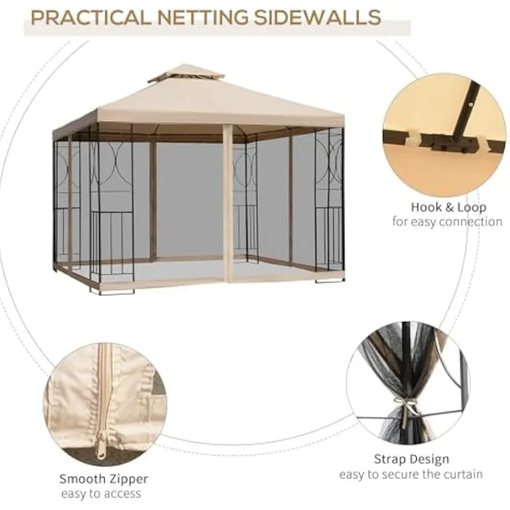 Gazebo de patio de 10' x 10' con estantes de esquina, refugio de dosel para cenador al aire libre con red y techo ventilado, para jardín, césped