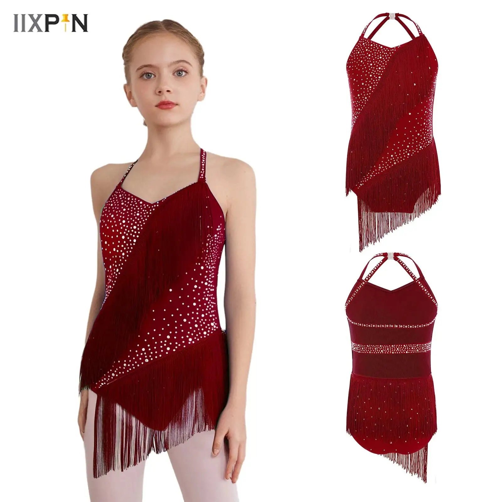 

Kids Girls Latin Dance Leotard Sleeveless Halter V-Neck Backless Rhinestones Tassels Bodysuit Figure Skating Performance Costume