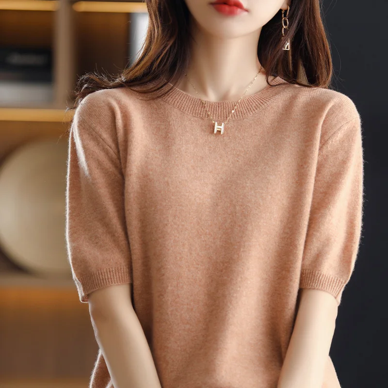 

Осенне-зимний женский свитер из тонкой шерсти с круглым вырезом и коротким рукавом, универсальный, свободный, повседневный, на все сезоны