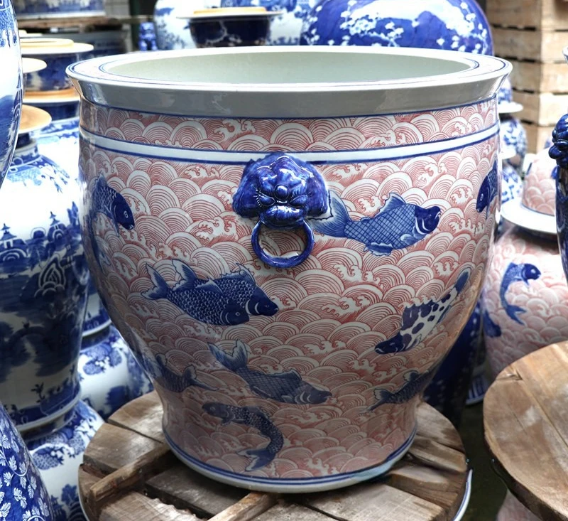 RYLU176-C Shengjiang pure hand made underglaze red fish pattern ceramic pot