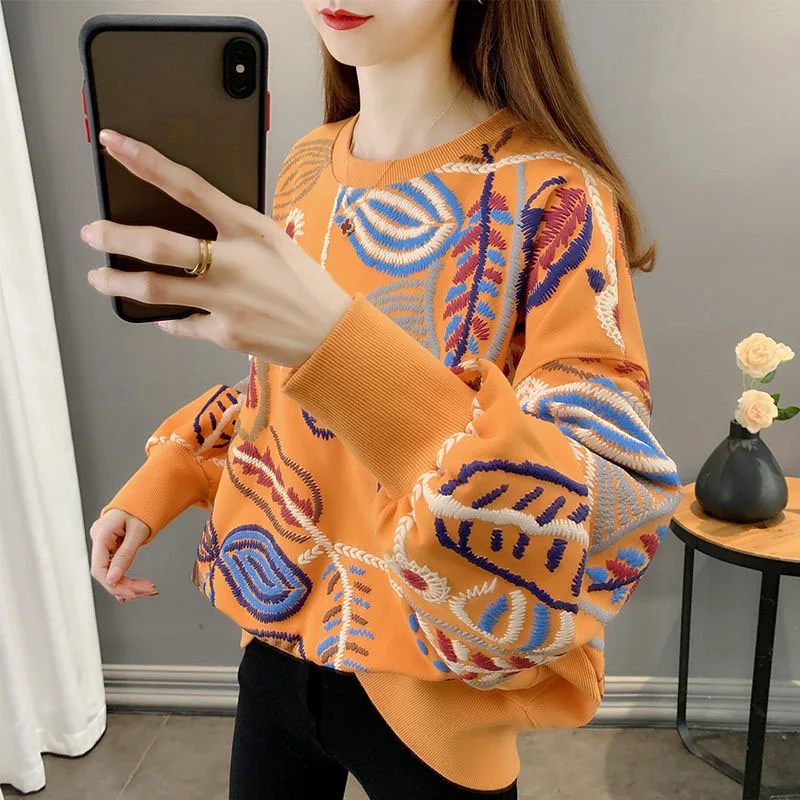 New Spring and Autumn Fashion Korean Edition Lazy Style Printed Round Neck Loose Versatile Large Size Slim Long Sleeve Sweater