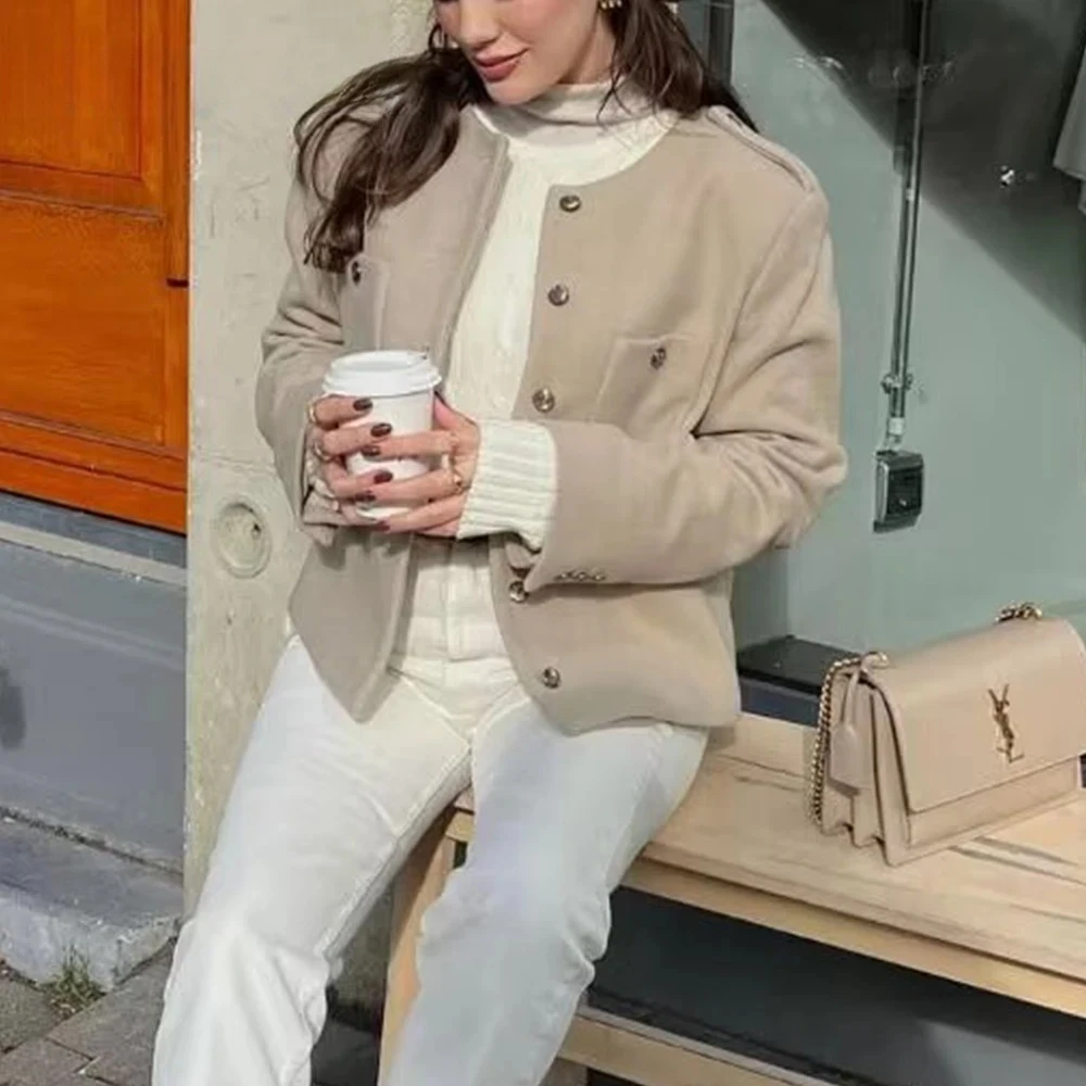 KONDALA Fashion 2024 Winter Champagne Streetwear Casual Jacket Pocket Chic Single Breasted All Match Elegant Gentle Outwear