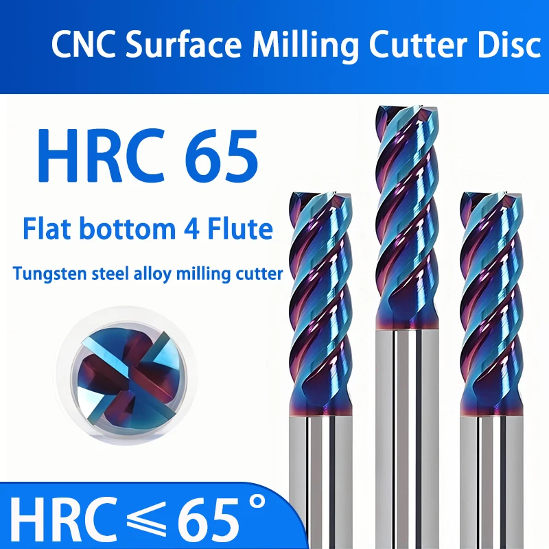 

HRC 65 Tungsten Carbide Milling Cutter Blue Coating 4 Flute Flat Bottom Milling Cutter Stainless Steel End Mill CNC Tools