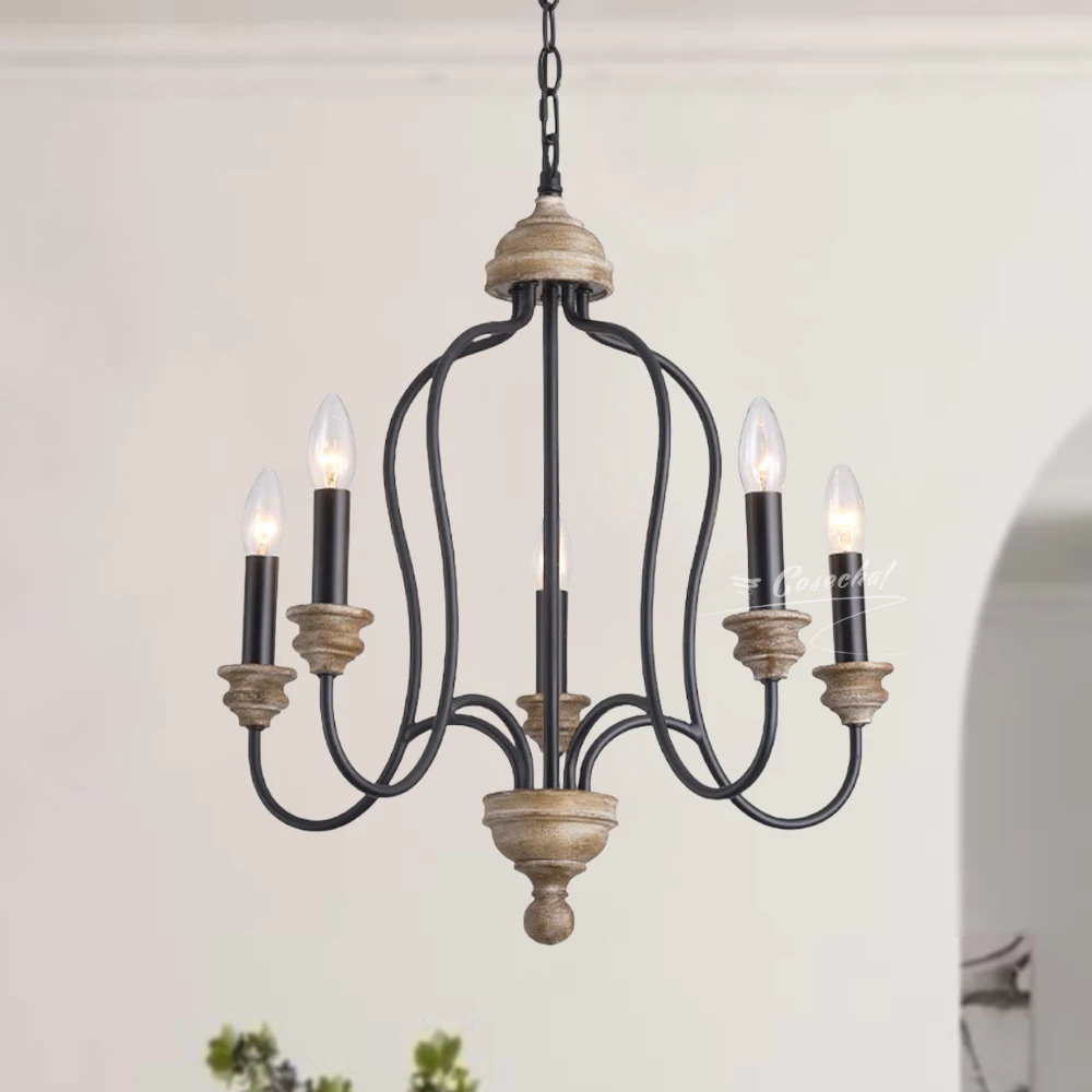 

Винтажные подвесные светильники из цельного дерева, креативная гостиная, столовая, вилла, свеча середины века, французское освещение, железная люстра для спальни