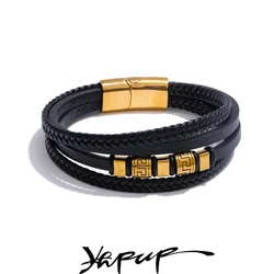 Yhpup 68mm Leather Braided Handmade Layered Men Bracelet Bangle Jewelry Waterproof Stainless Steel Personalized Accessories