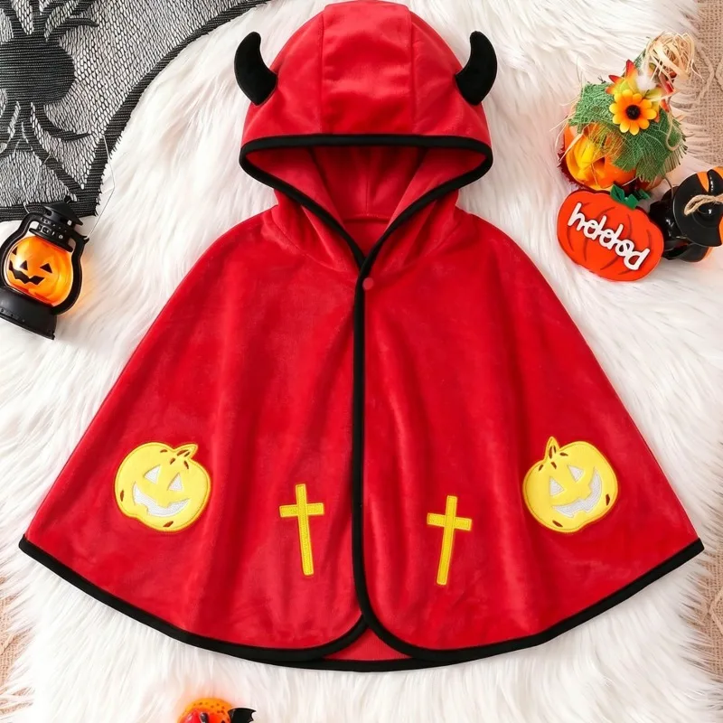 Cute Newborn Infant Baby Boys Girls Halloween Devil Cape  Red Hooded Cloak With Pumpkin Cross Costume Party Winter Warm 0 24Ms