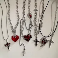 Punk Gothic Red Lava Star Cross Heart Pendant Leather Rope Necklace Women Men Hip Hop Y2K 90s EMO Accessories Aesthetic Jewelry