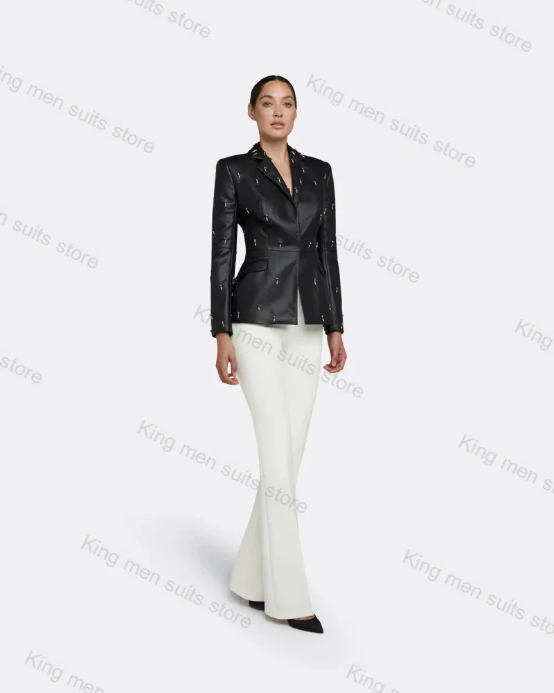 

Black PU Leather Beaded Women Suit Pants Set 2 Pcs Blazer+Cotton Pants Customized Formal Office Lady Jacket Party Prom Coat