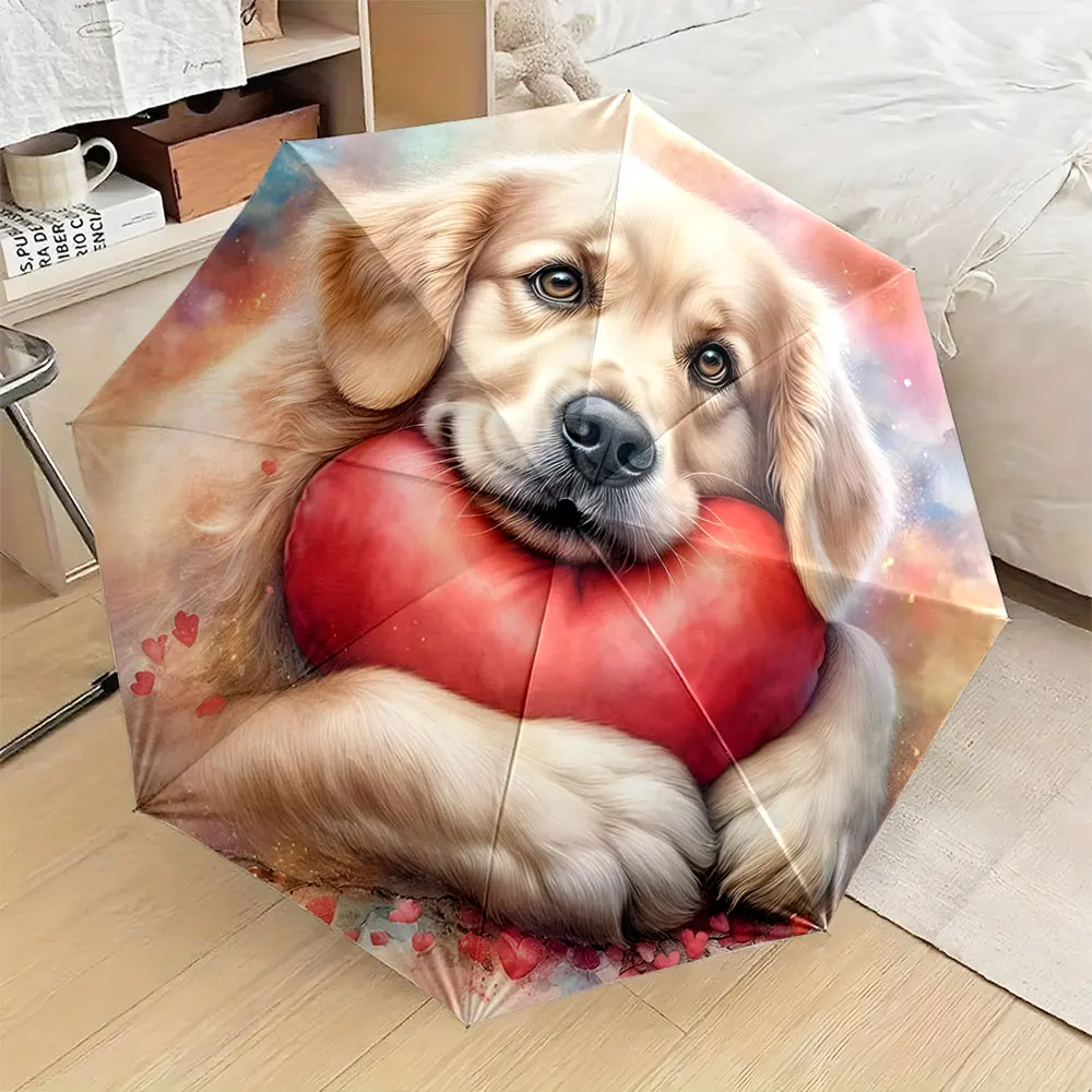 1PC Adorable Dog Holding a Heart on Colorful Umbrella Design Print 8 Iron Ribs Folding Umbrella Auto-Open Fashion Sunshade