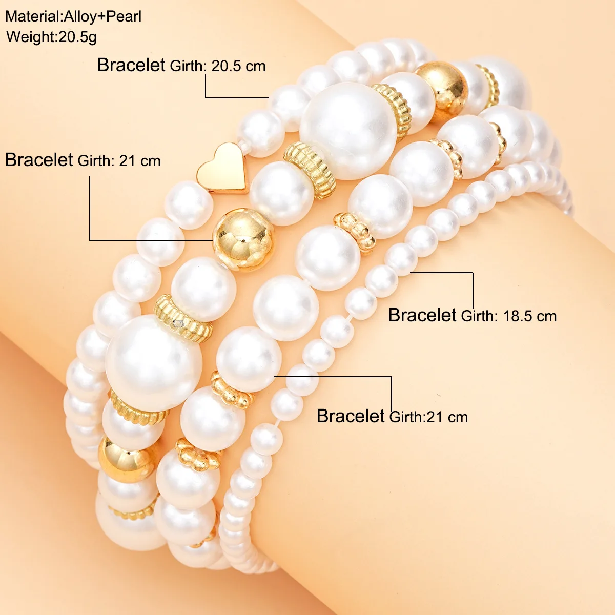 5Pcs Simple Artifical Pearl Bracelet Set For Women Bohemia Gold Color Heart Charm Beads Chain Bracelet Girls Fashion Jewelry