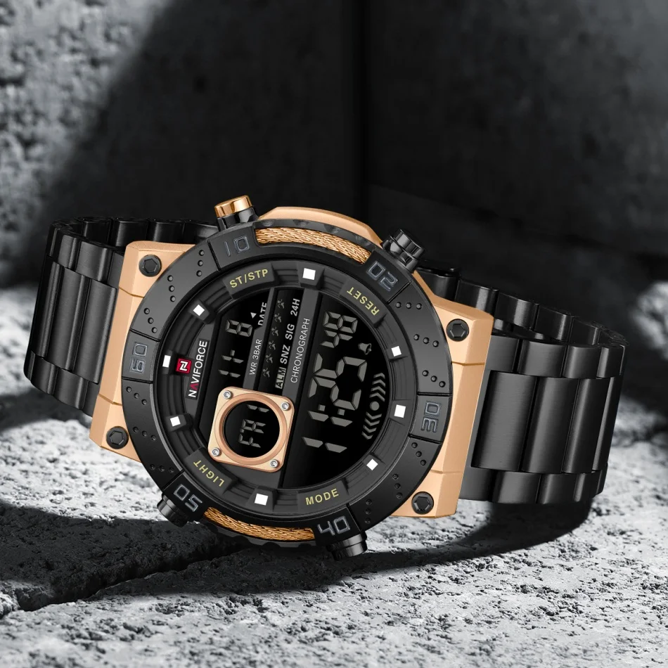 

NAVIFORCE Original Men's Watches Sports Digital Chronograph Stainless Steel Strap 3ATM Waterproof Quartz Wristwatch Male Clocks