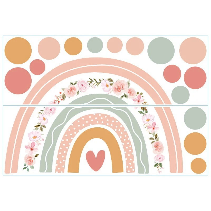 Large Rainbow Flower Wall Stickers Boho Polka Dots Wall Decal Vinyl For Room Kids Nursery Playroom Classroom Wall Decor