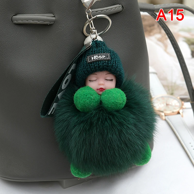 Pompom schlafendes Baby Schlüsselanhänger süße flauschige Plüschpuppe Schlüsselanhänger Frauen Mädchen Taschen Schlüsselanhänger Autos Schlüsselanhänger Geschenk charmante Dekoration