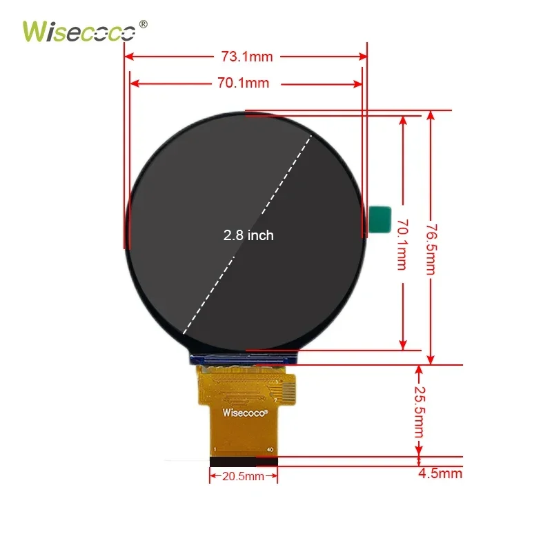 IPS 2.8 Inch TFT LCD Round Display ST7701S Driver IC SPI+RGB 40 PIN Interface 480*480 Screen Board Wisecoco