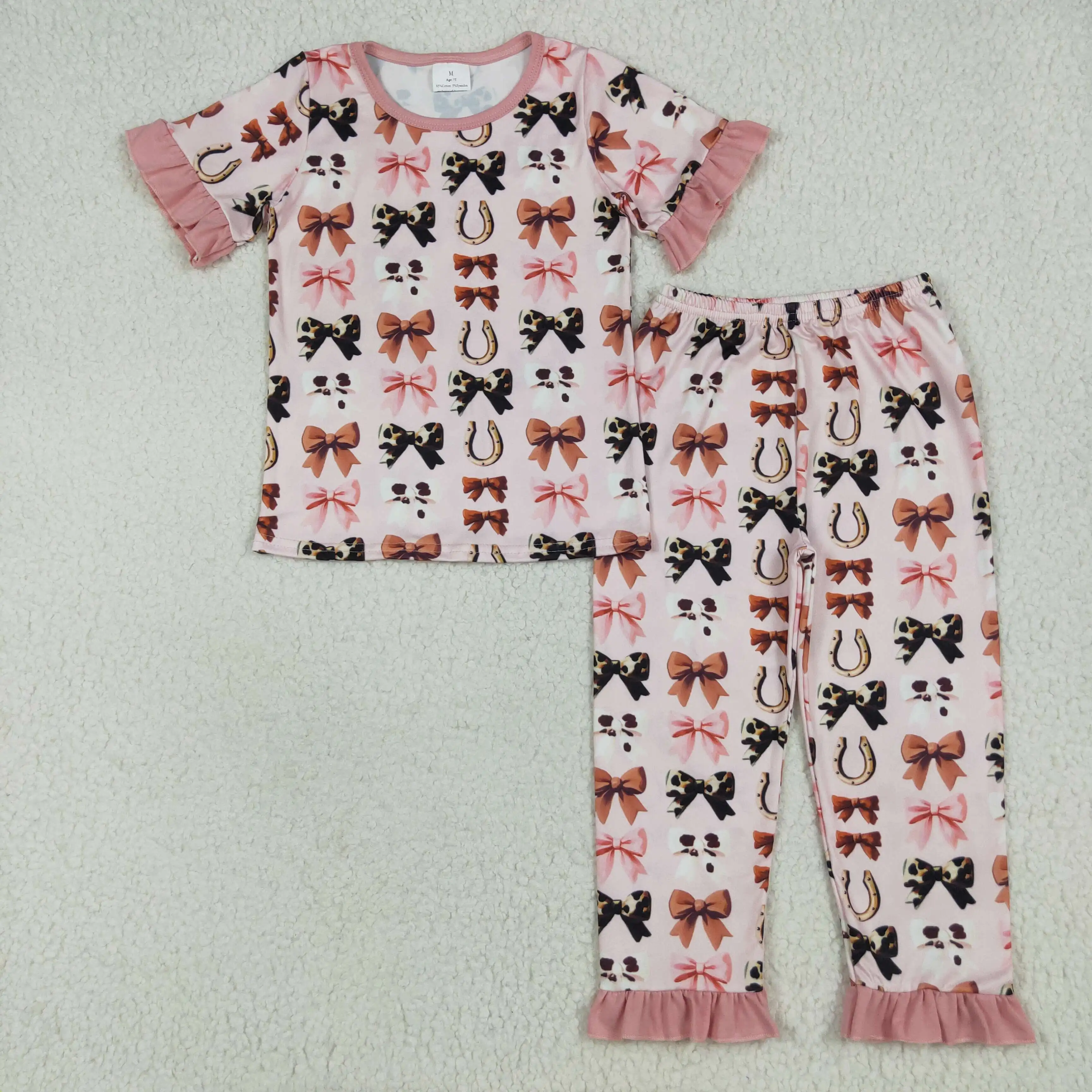 

NEW rts baby girl fashion clothing wholesale boutique bow pattern pink lace short sleeve long pants pajama set