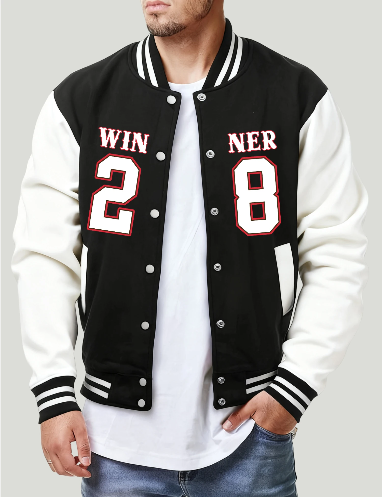 

Winner On The 28Th Print Men Streetwear Fashion Baseball Jackets Autumn Sport Clothing Fleece Unisex All-Match Retro Jacket