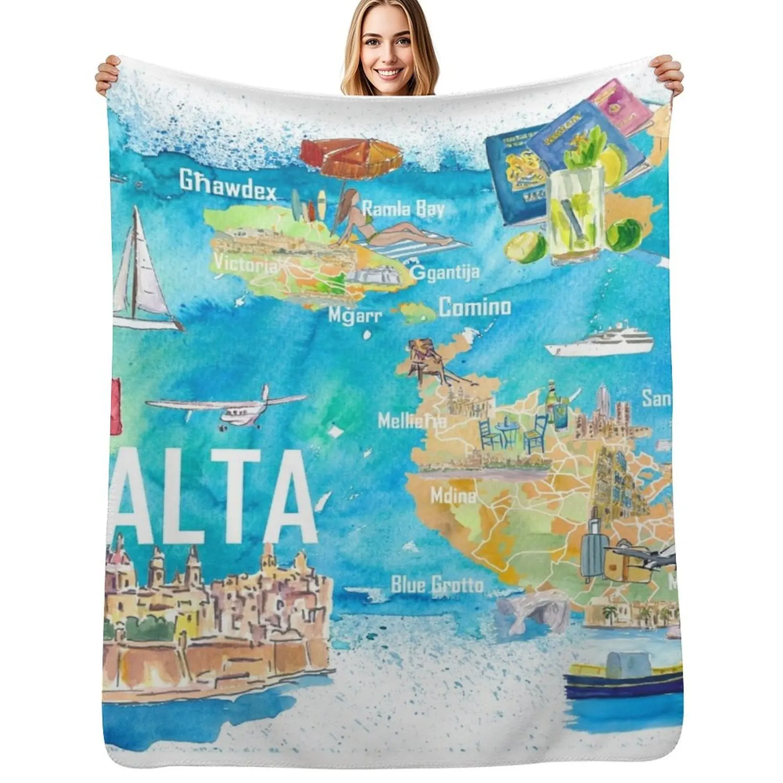 Malta Illustrated Island Travel Map with Roads and Highlights Throw Blanket Custom funny gift Beautifuls Quilt Baby Blankets