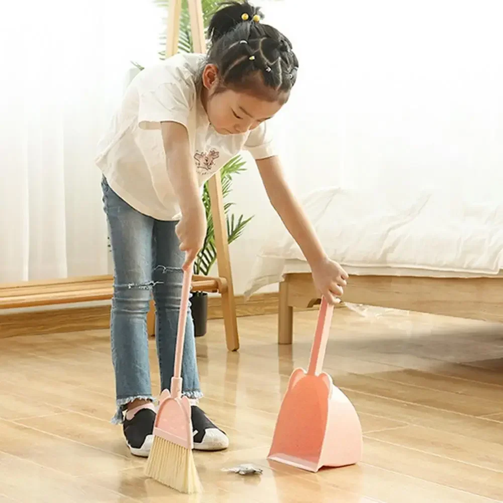 1 Set Mini Children Broom Dustpan Cartoon Flexible Bristles Kids Pretend Play Toddlers Indoor Outdoor Floor Sweeping Tool Kit