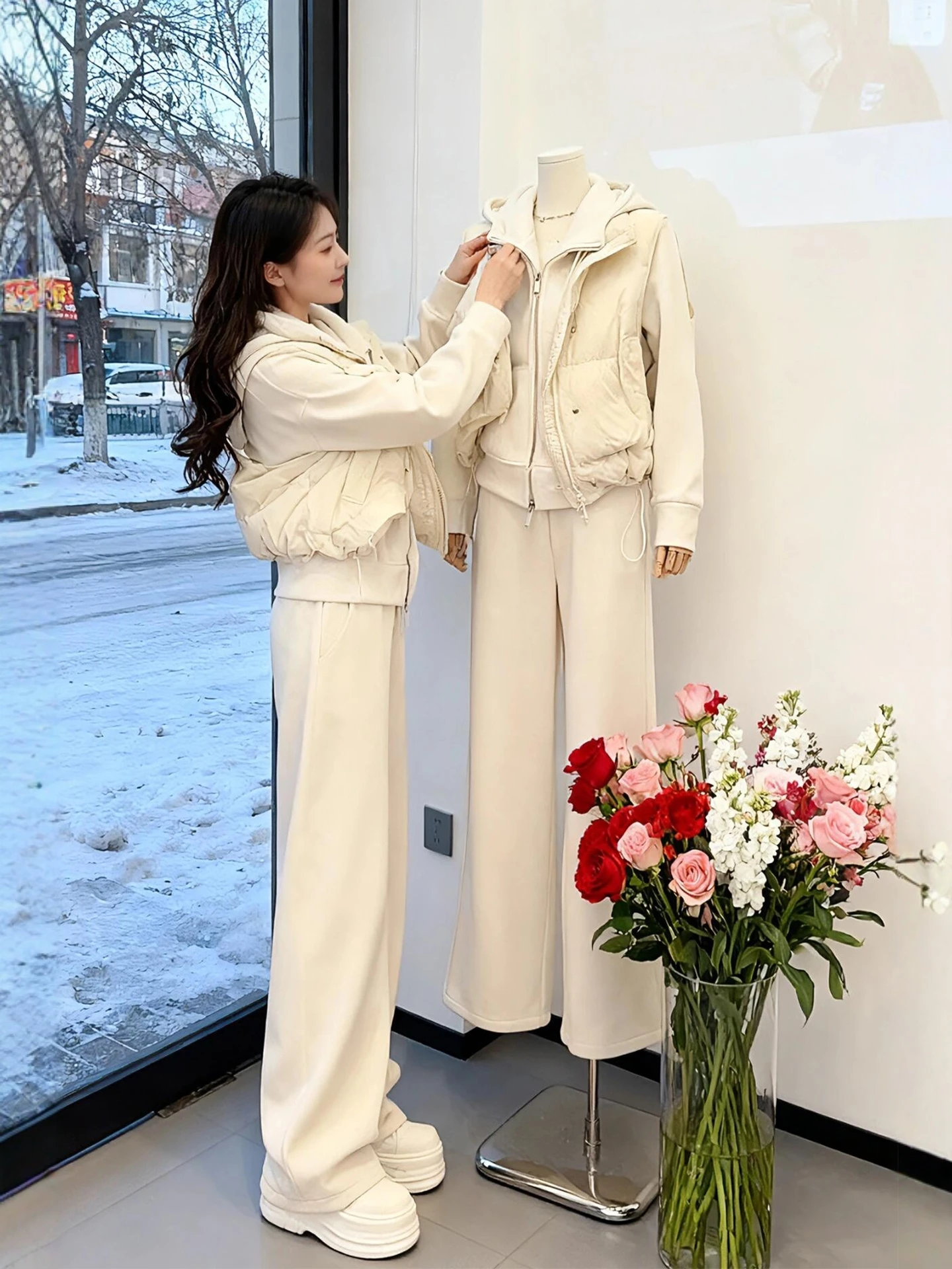 

Winter plus Size Cotton Jaet Vest Hoodie Wide Leg Pants Small Fraance Sle Tee Piece Set Women Casual Faion Ensemble