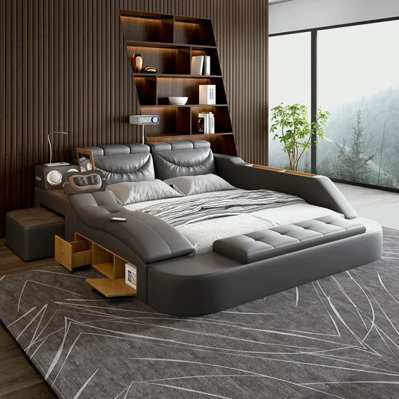 Nordic Luxury Double Bed Headrest Storage Loft Massage Double Bed Floor Multifunctional Cama Inteligente Bedroom Furniture