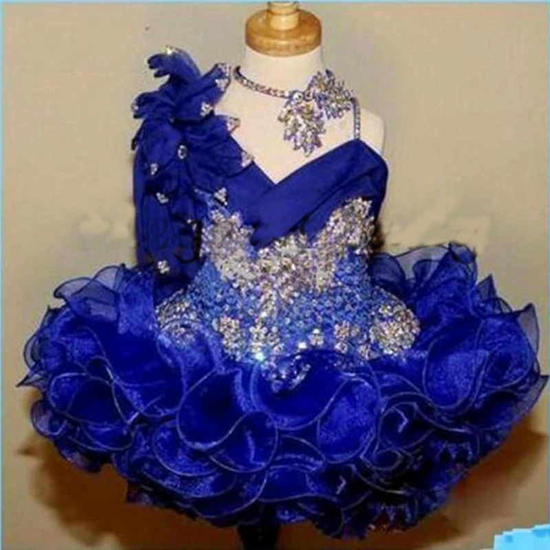 Cute Girl\'s Glitz Pageant Dresses Royal Blue Lace Beads Crystal Pageant Party Gowns Girl Tiers Toddler Customized