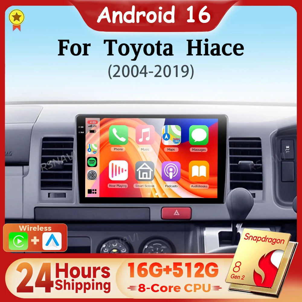 Android 16 Qualcomm Carplay Auto WIFI+4G Car Radio Multimedia Player For Toyota Hiace 2010 2011 2013-2018 Autoradio  Snapdragon