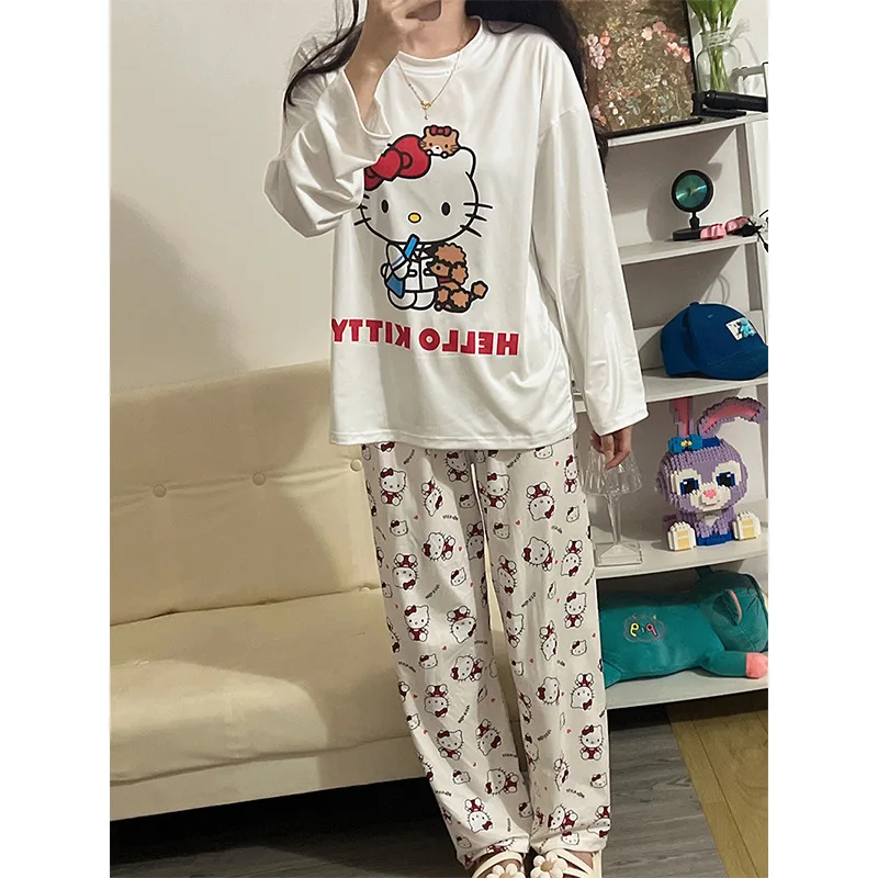 Hello Kitty-Pyjama à col rond pour femme, vêtements de maison, simple, décontracté, manches longues, pantalon long, ensemble 2 pièces, mignon, printemps et automne